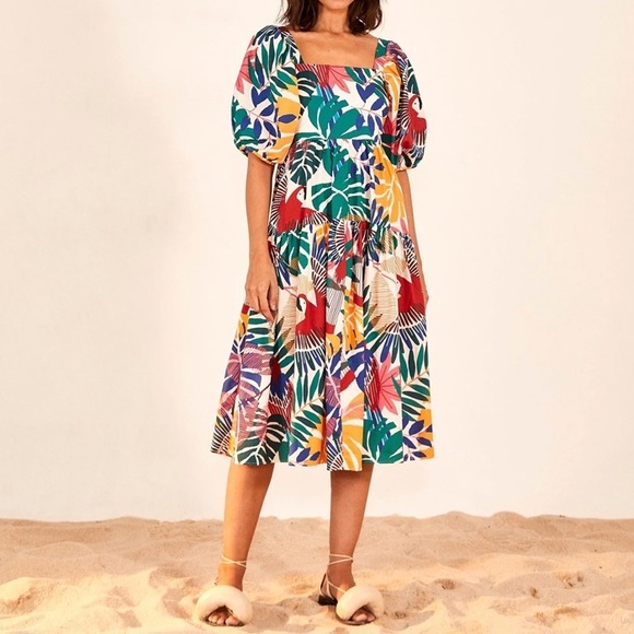 Farm Rio NWT Off White Macaw Green Orange Midi Dress L - Picture 1 of 10